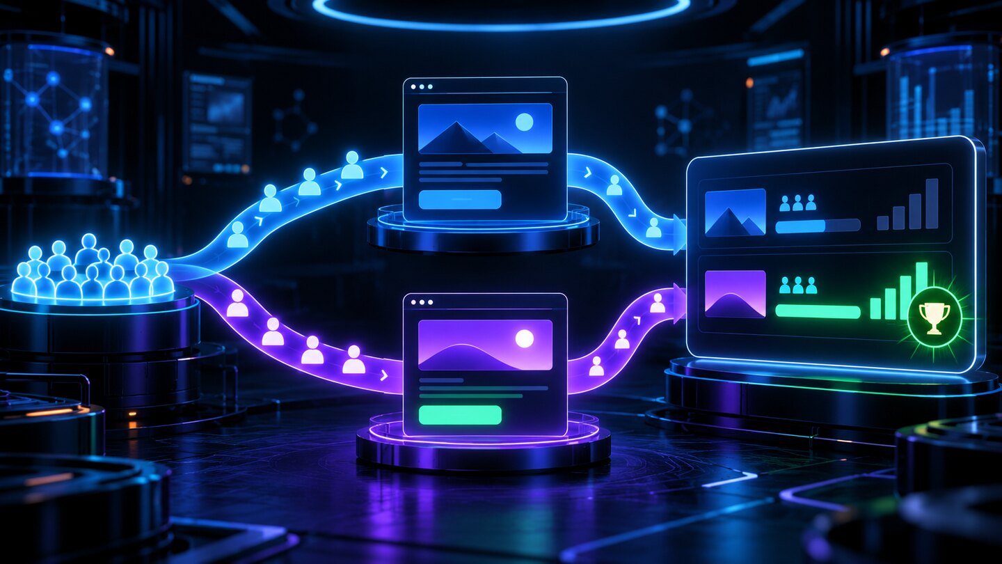 A/B Testing اردو گائیڈ کے لیے control، variation، traffic split اور conversion measurement کی dark neon تصویر