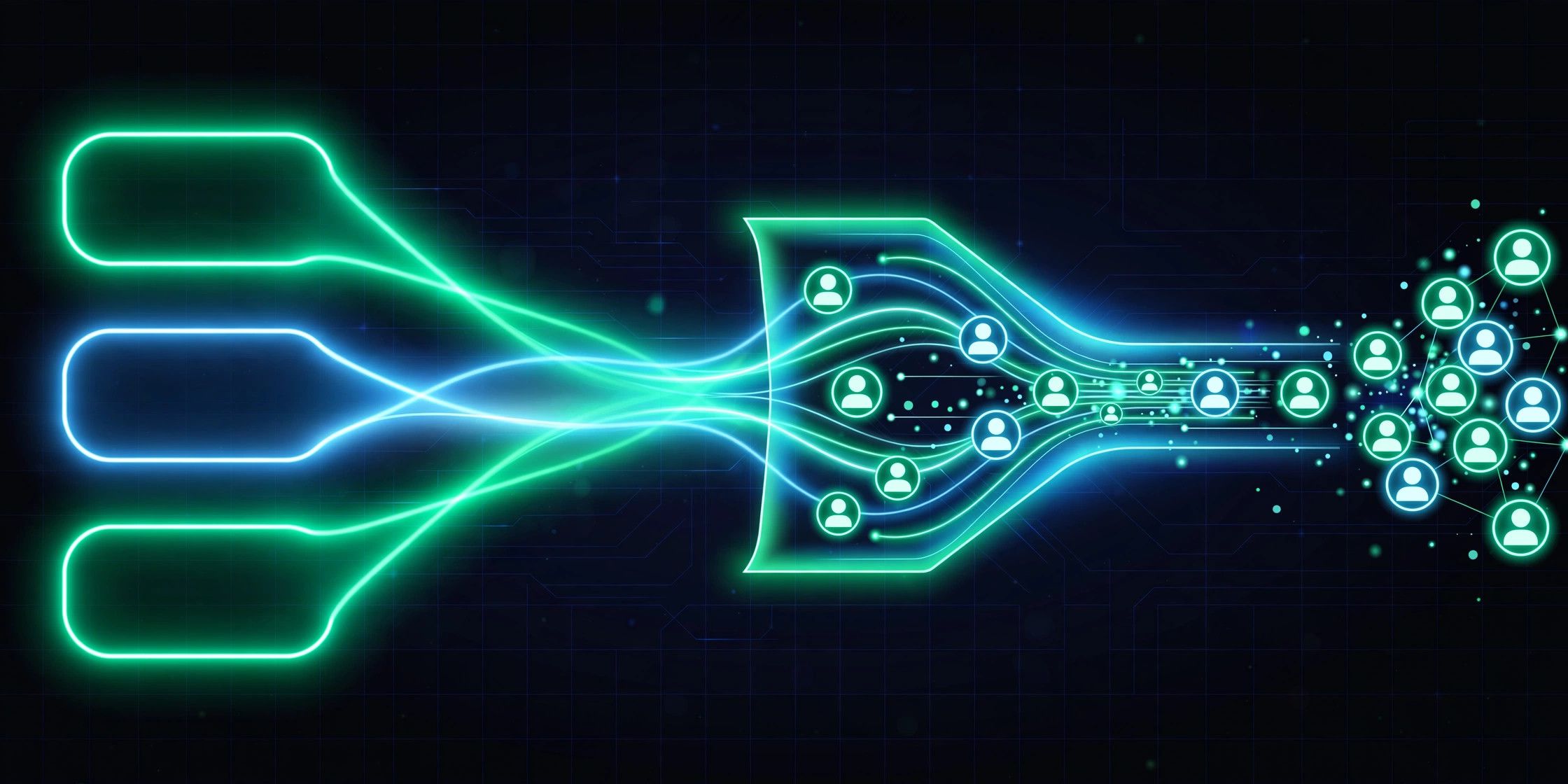 AI-powered lead capture automation visualized as glowing chatbot bubbles flowing into an automated sales funnel on a dark grid