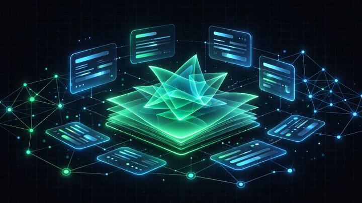 AI answer engines citing a glowing document with neon green and blue knowledge-graph nodes on a dark grid