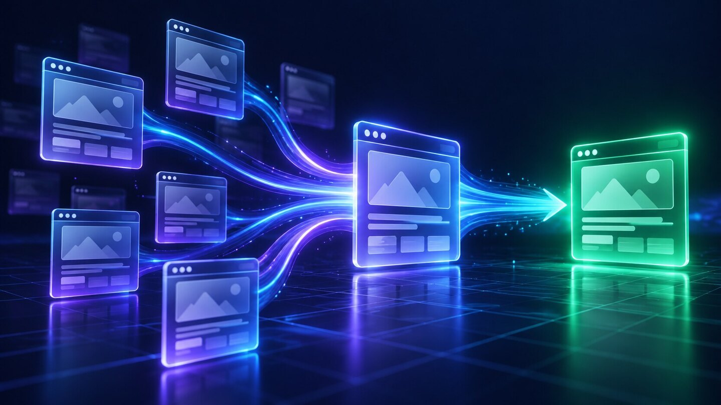 Canonical URL audit illustration showing duplicate web pages converging toward one preferred destination