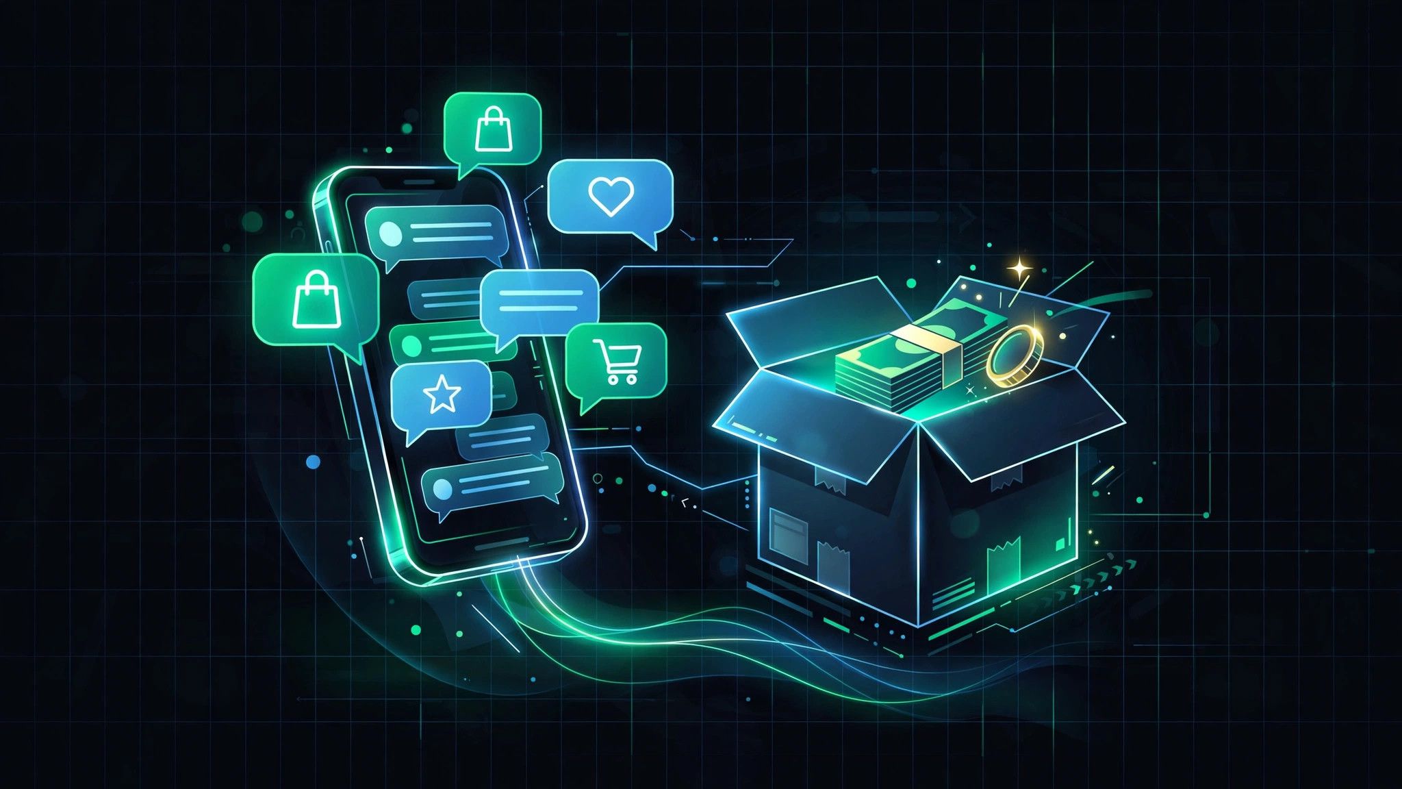 COD funnel on Facebook and Instagram: smartphone with order chats and a parcel being delivered cash-on-delivery in Pakistan