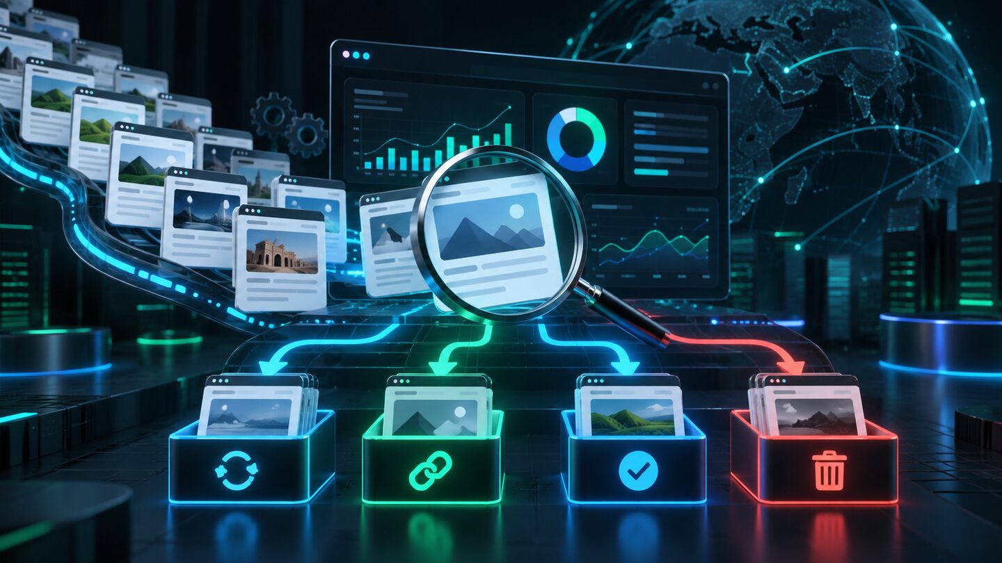 کنٹینٹ آڈٹ کے دوران ویب صفحات، analytics، magnifying glass اور update، merge، keep یا remove کے فیصلوں کی dark neon تصویر