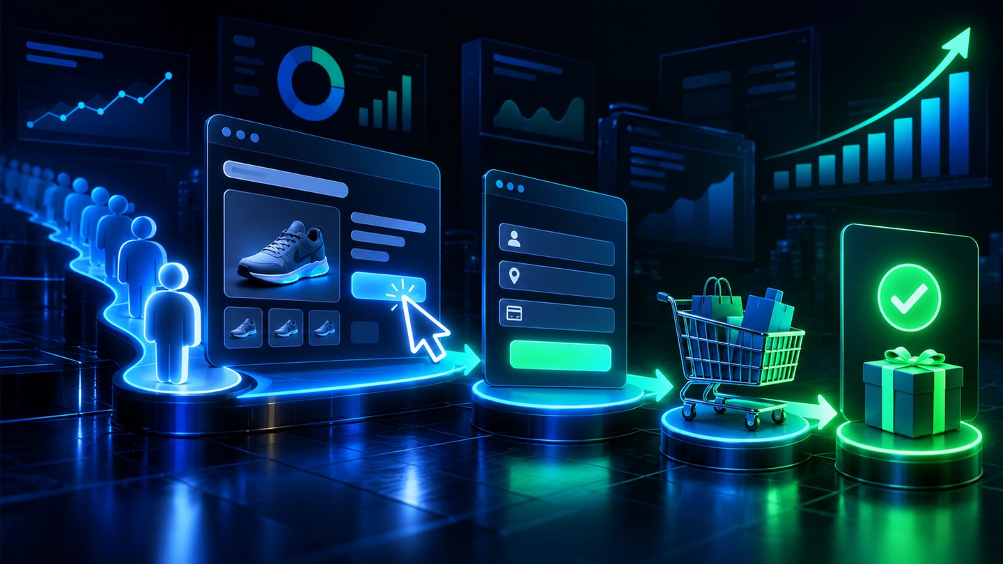 Conversion Rate Optimization کے لیے visitor، website، form، cart اور completed conversion کا dark neon سفر