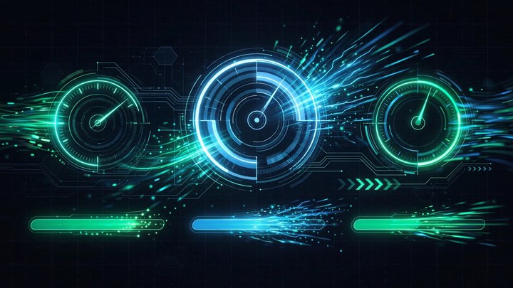 Core Web Vitals speed visualization with glowing performance gauges on a dark grid background