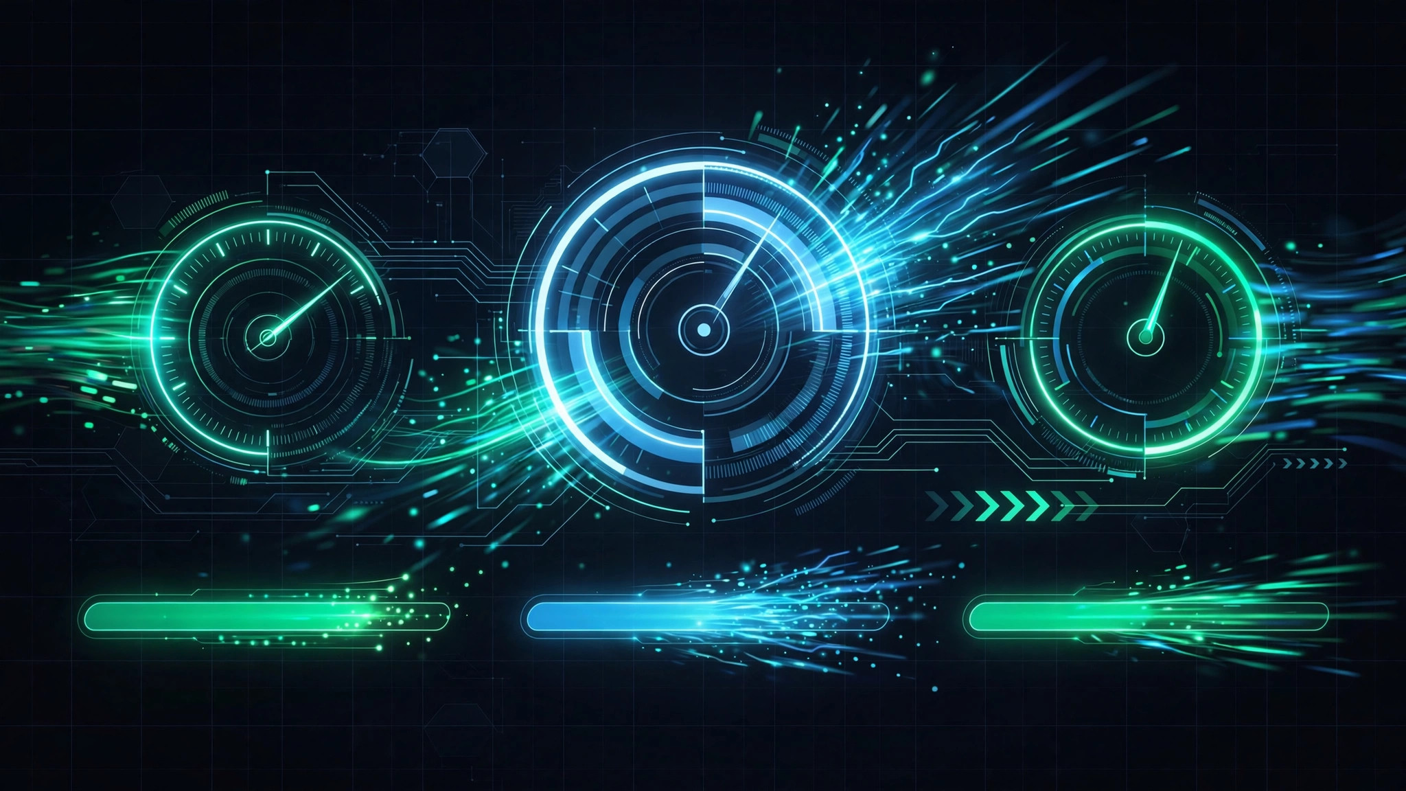 Core Web Vitals speed visualization with glowing performance gauges on a dark grid background