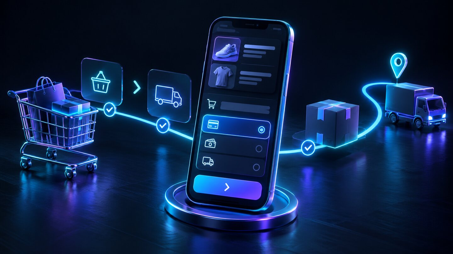 Dark neon mobile interface illustrating ecommerce checkout optimization in Pakistan with payment and delivery choices