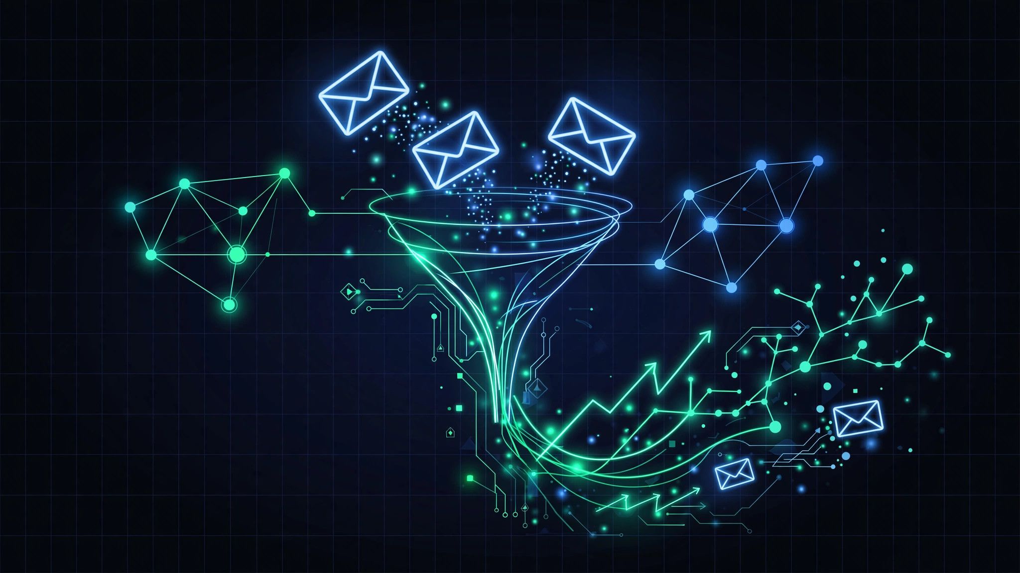 Email lead nurturing flows and CRM automation visualized as glowing connected nodes and envelopes on a dark grid