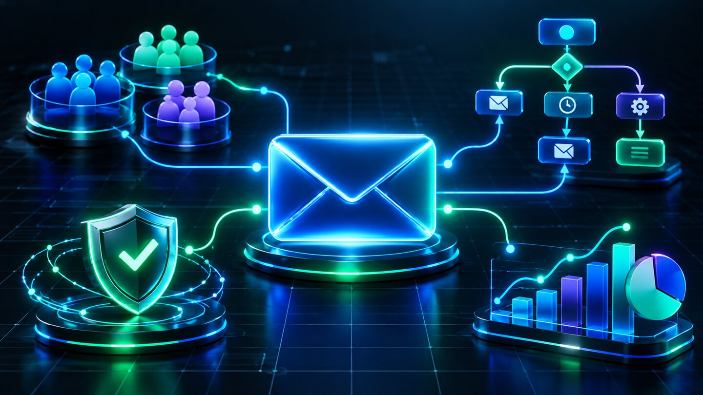 ای میل مارکیٹنگ اردو گائیڈ کے لیے audience segments، automation، deliverability اور analytics کا dark neon نظام