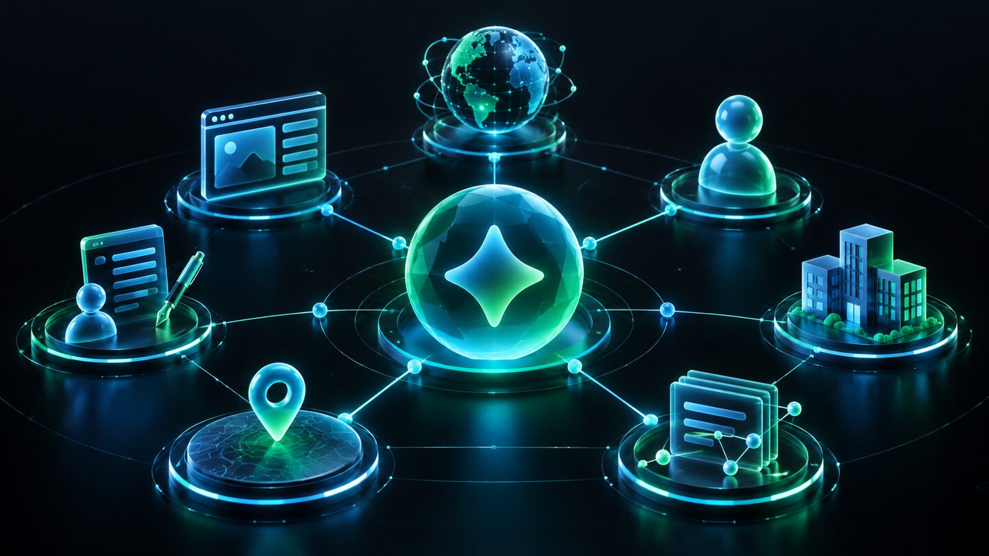 Entity SEO audit illustration showing one brand connected to its website, author, profiles and structured data