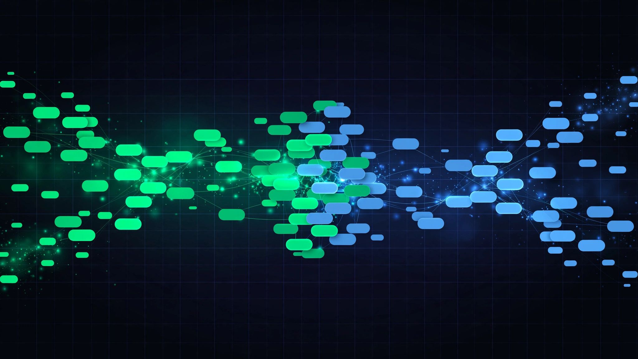 Keyword clustering illustration showing scattered keyword tags flowing into organised glowing groups by search intent