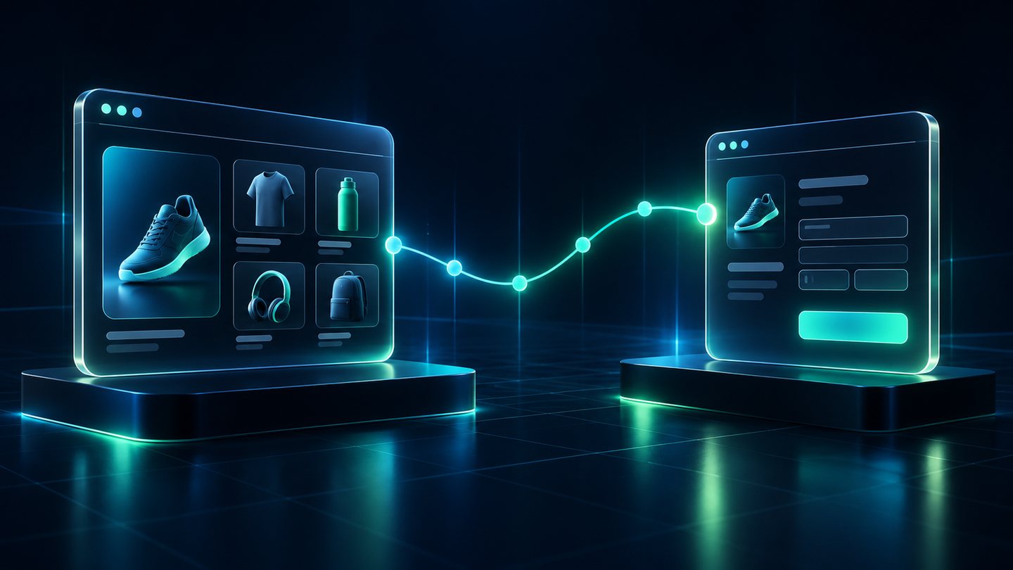 GA4 cross-domain tracking concept connecting a storefront and separate checkout with a glowing customer journey