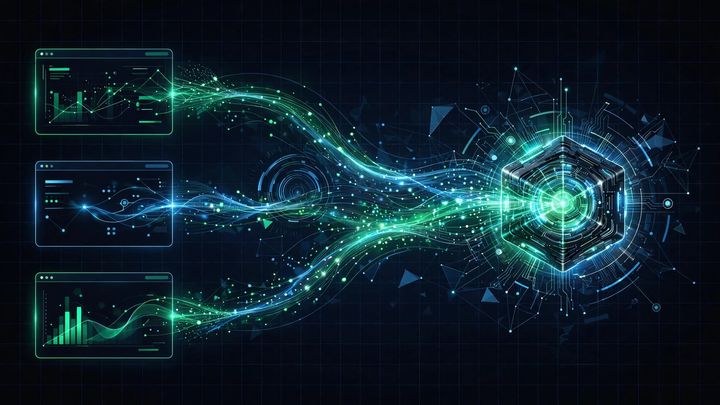 Abstract illustration of GA4 server-side tracking with analytics data streams flowing into a server node