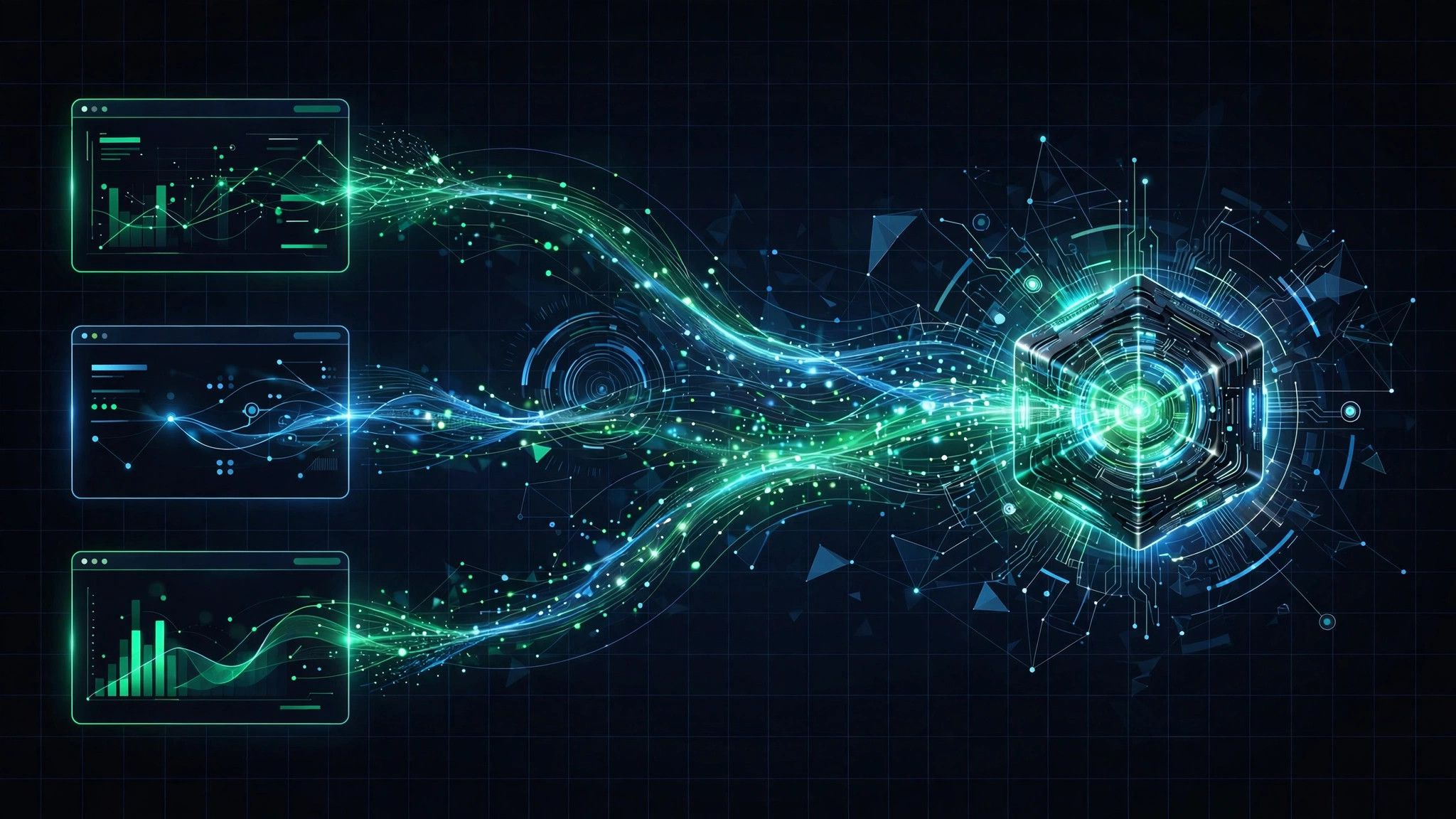 Abstract illustration of GA4 server-side tracking with analytics data streams flowing from browser windows into a central server node