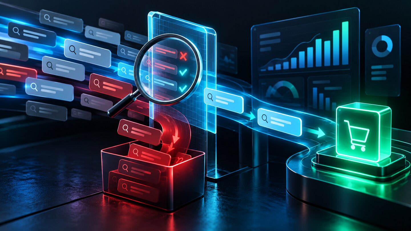 Google Ads negative keyword audit concept filtering irrelevant search queries away from a shopping conversion path