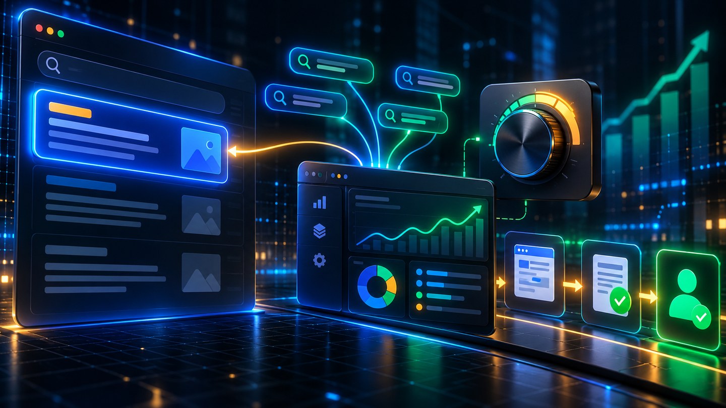 Google Ads اردو گائیڈ کے لیے search ads، keywords، budget اور conversion tracking کا dark neon visual