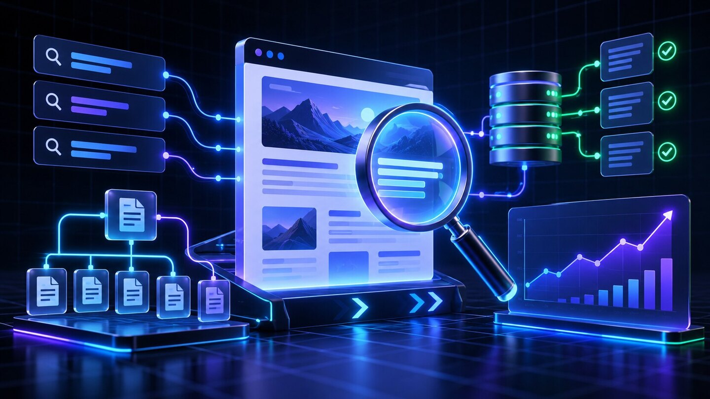 Google Search Console اردو گائیڈ کے لیے website inspection، sitemap، indexing اور performance data کی dark neon تصویر