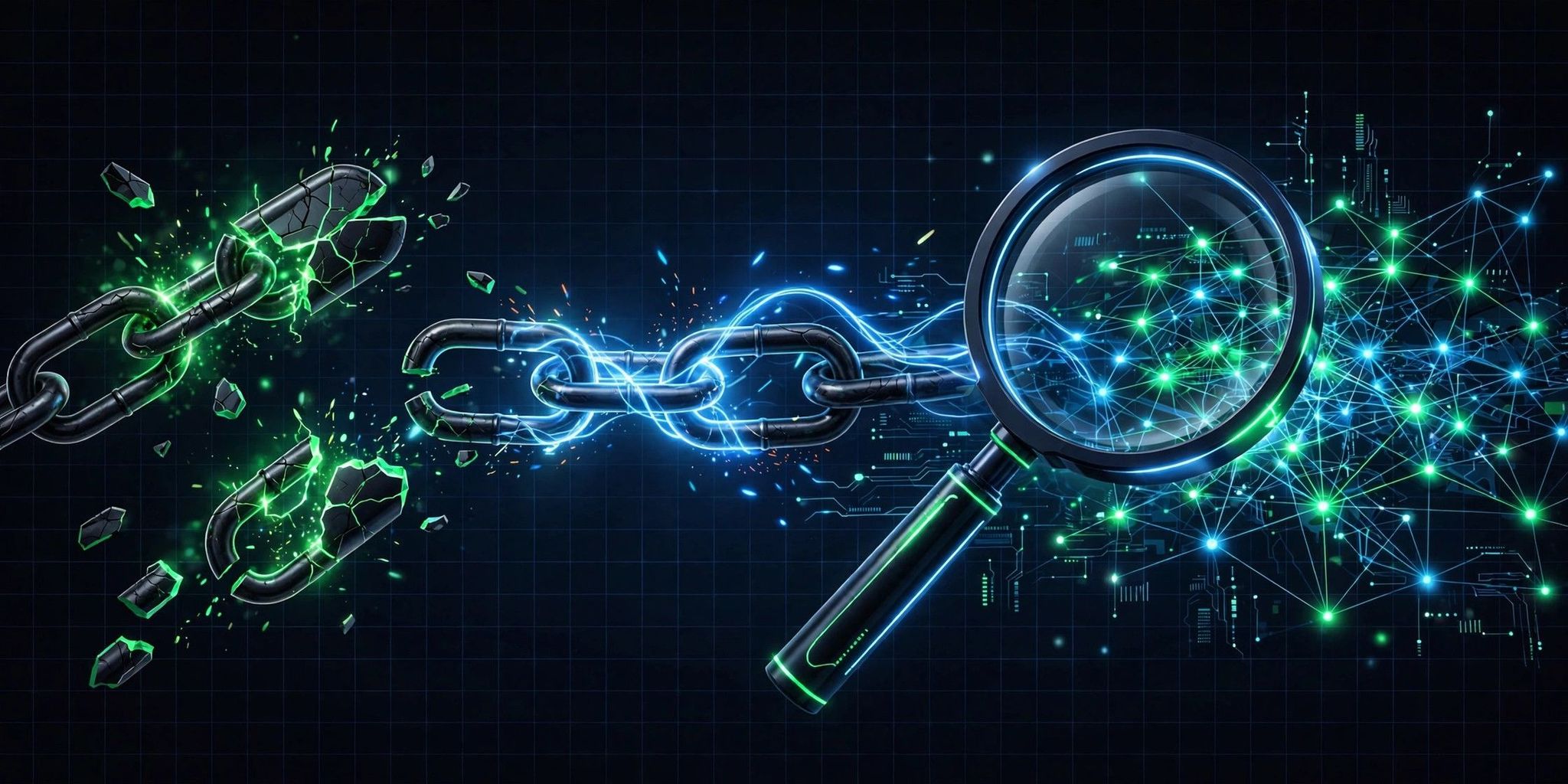 Broken chain links being reconnected while a magnifying glass scans a website link map