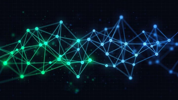 Abstract visualization of internal linking as a network of connected glowing nodes on a dark grid