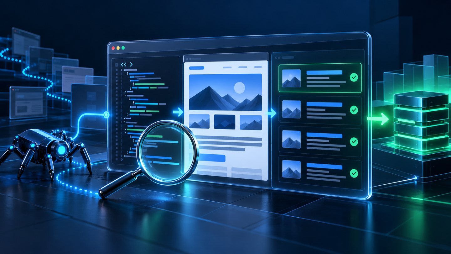 JavaScript SEO audit illustration comparing source code, rendered content and indexed pages through a crawler workflow