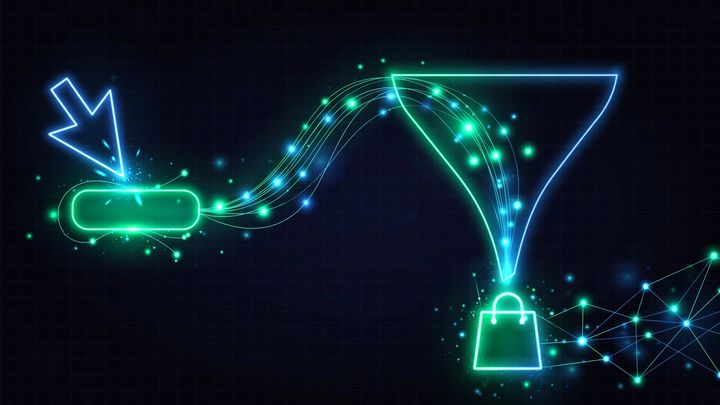 Neon illustration of ad clicks flowing through a conversion funnel into a shopping bag