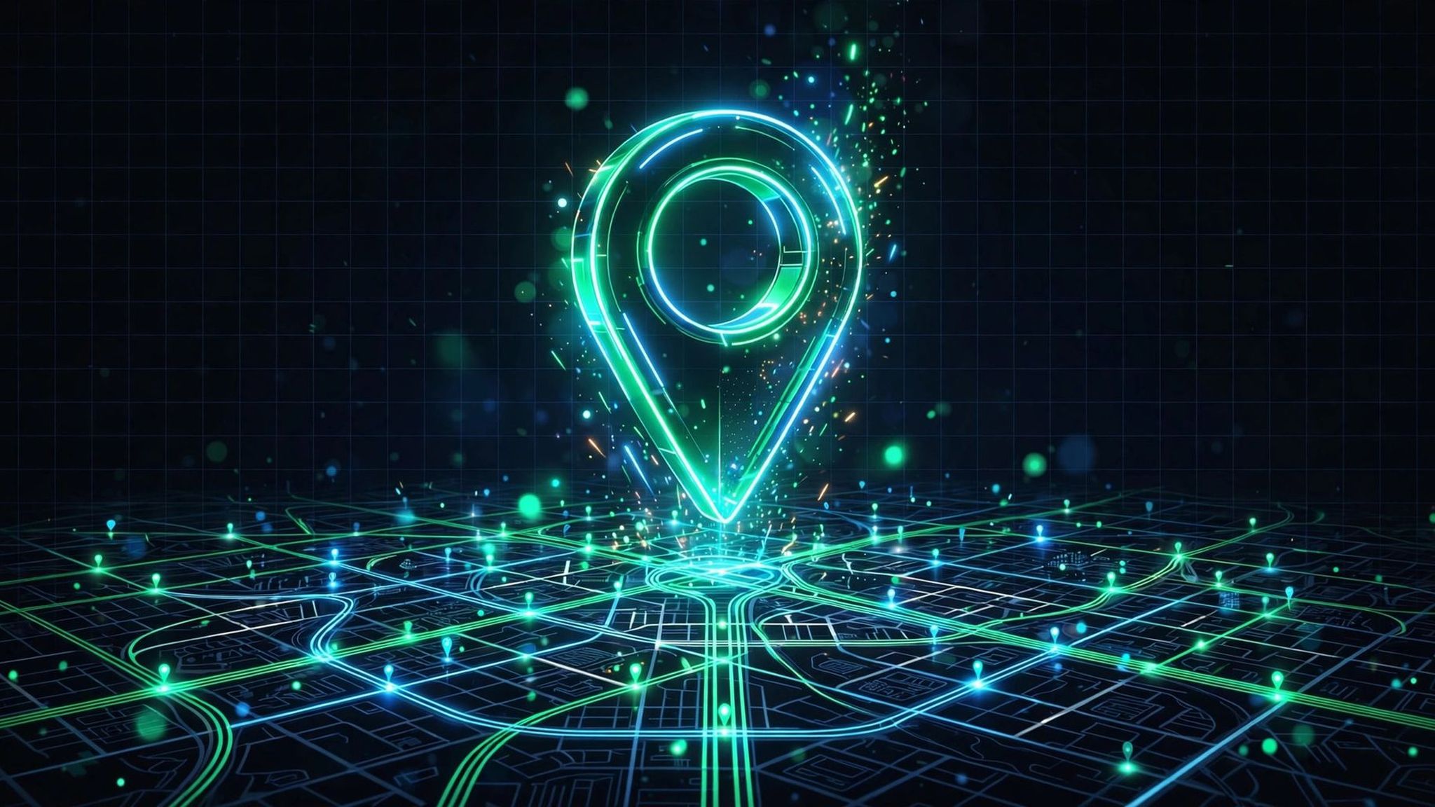 Local SEO on Google Maps: glowing map pin rising above a city street grid