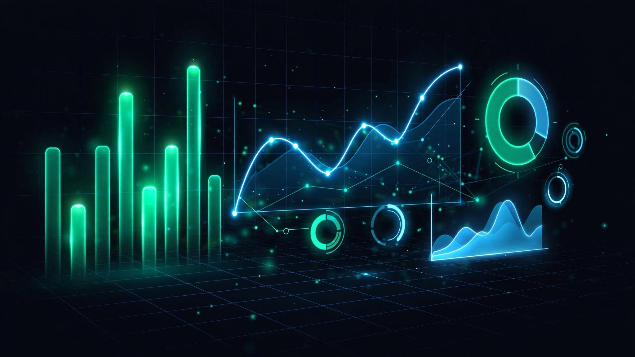 Abstract neon visual of a marketing analytics dashboard with glowing charts and graphs on a dark grid