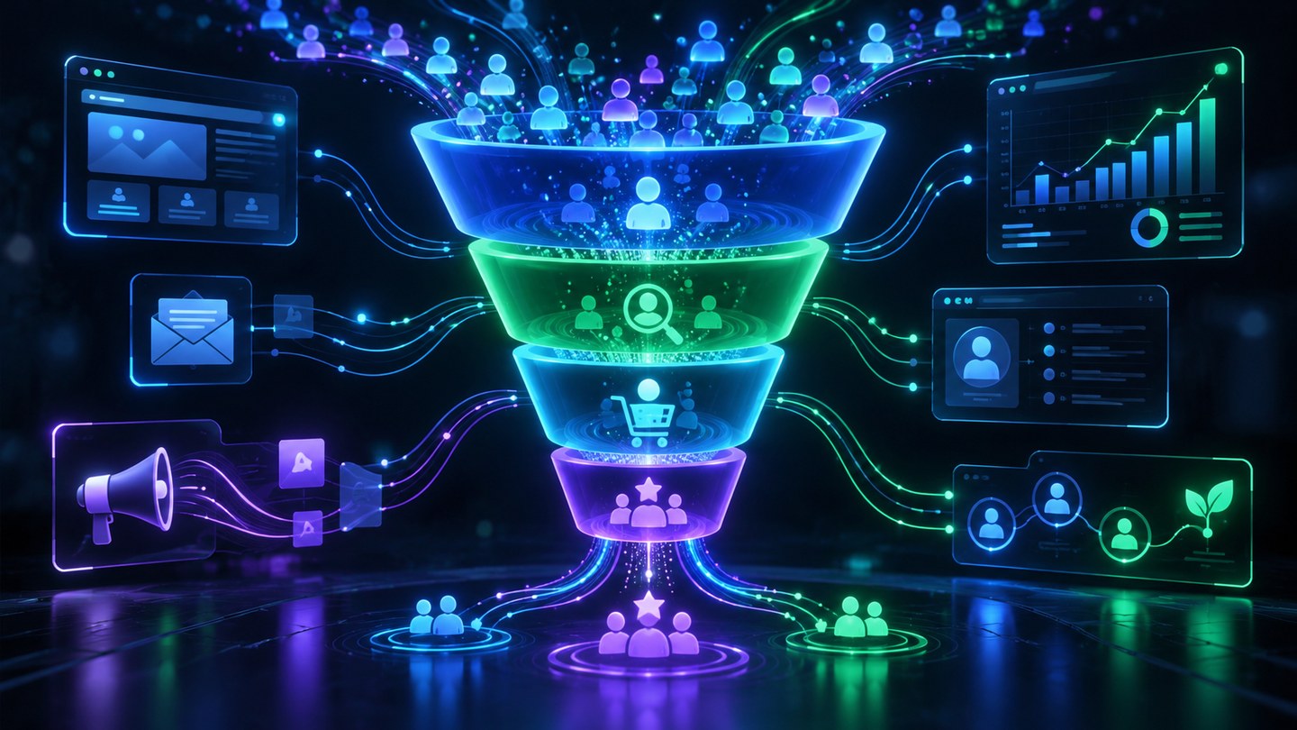 Marketing funnel اردو گائیڈ کے لیے awareness، consideration، conversion اور retention stages کا dark neon visual