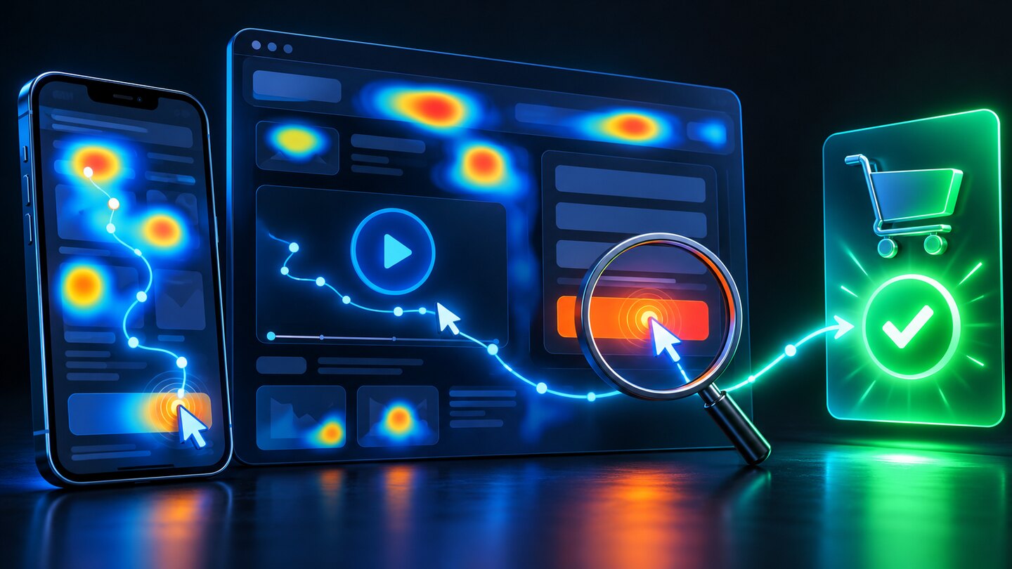 Microsoft Clarity audit concept showing mobile heatmaps, session replay, and a checkout friction inspection