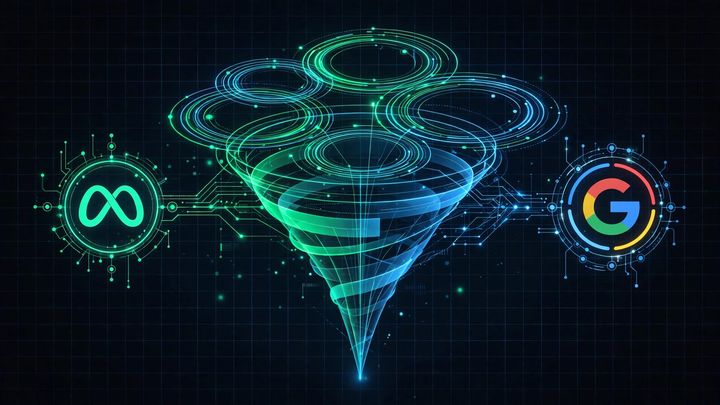 Retargeting funnel illustration with converging audience loops and cross-platform nodes in neon green and blue on a dark grid
