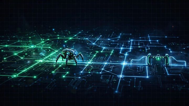 Abstract robot crawler navigating a glowing sitemap of website pages with a locked gate blocking some paths