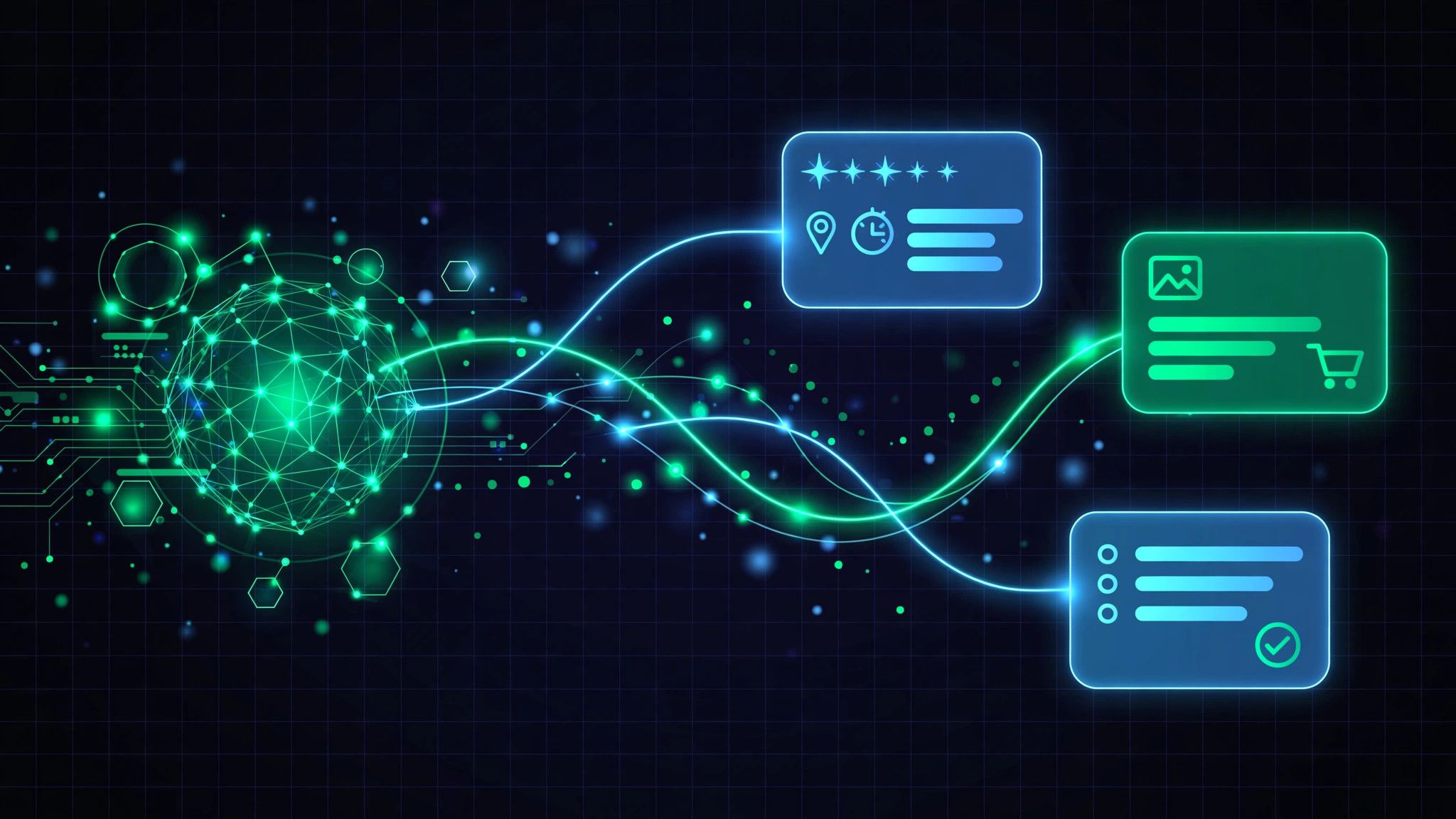 Schema markup visualised as glowing structured data nodes connected to enhanced Google search result cards