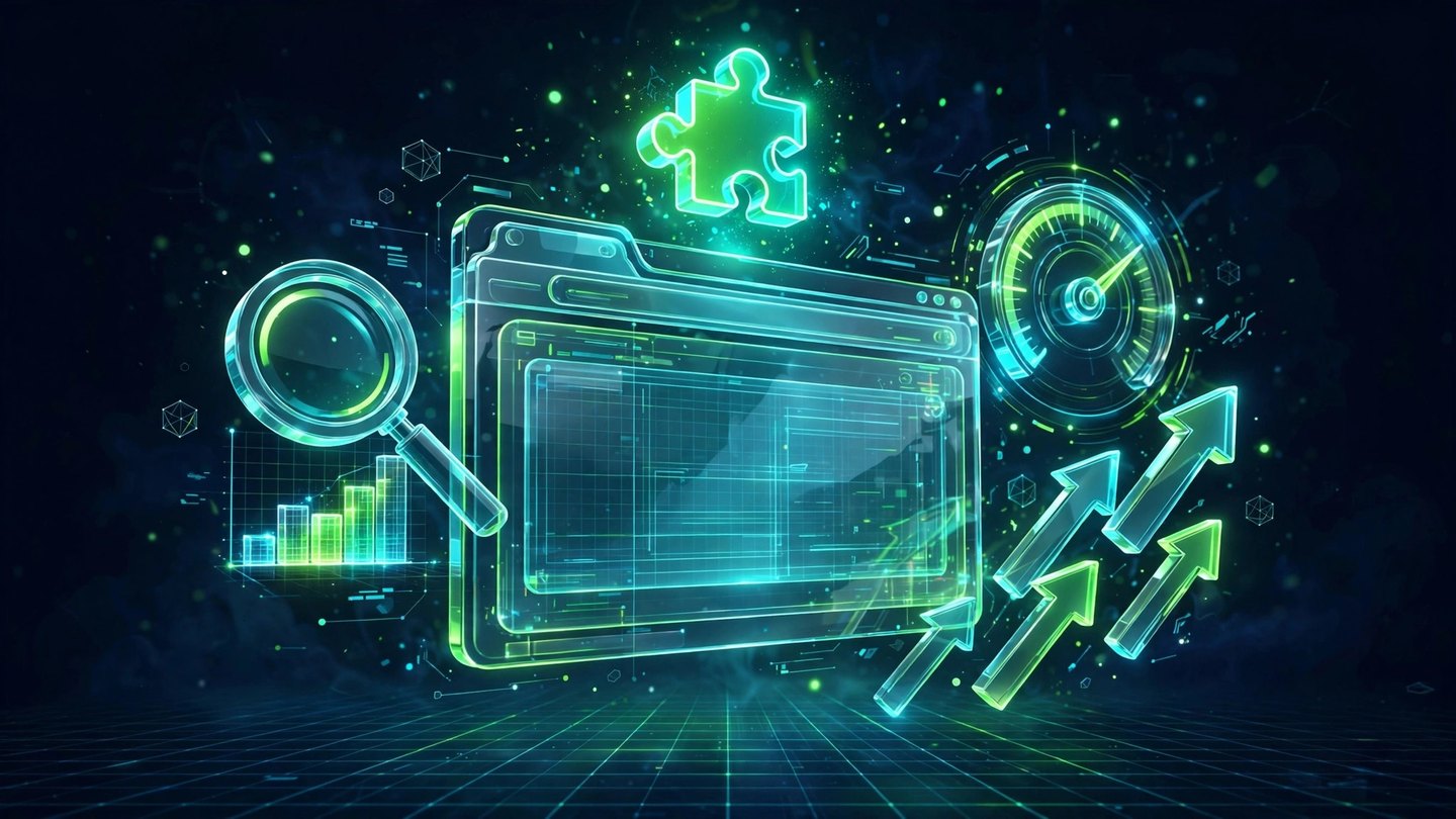 Illustration of a browser window with a glowing extension puzzle piece and floating SEO tool icons