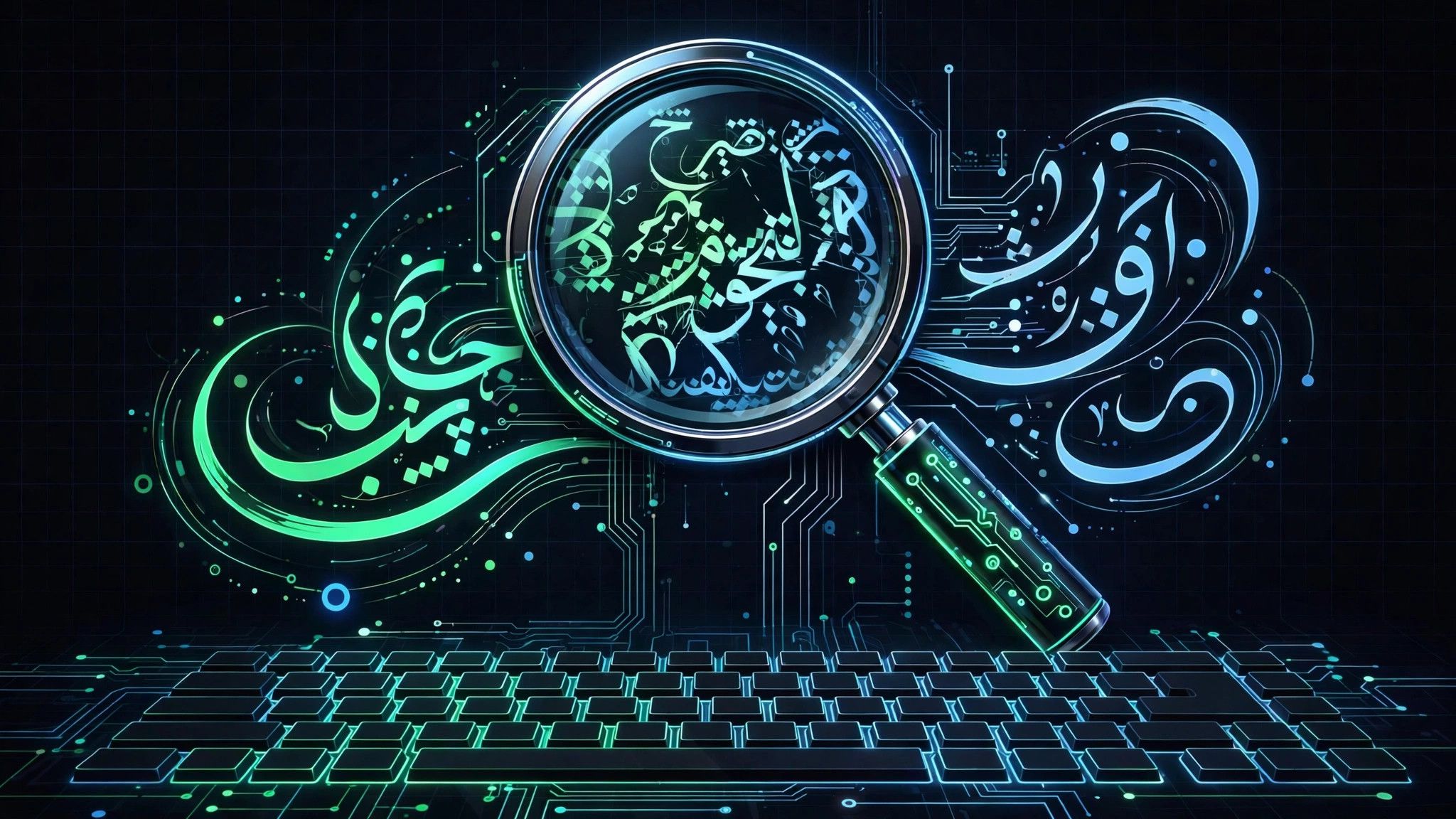 Neon visual of a search magnifier over Urdu calligraphy script and keyboard keys