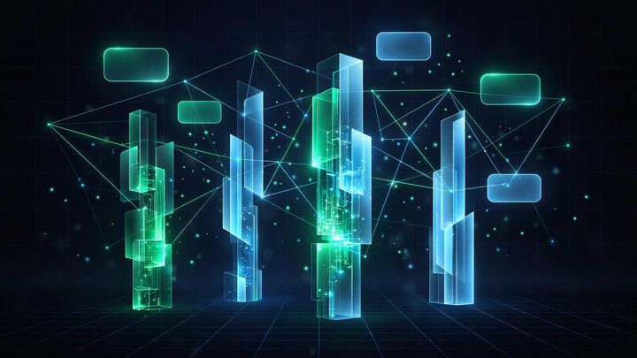 Abstract illustration of glowing social media content pillars rising from a grid, with floating content cards in neon green and blue
