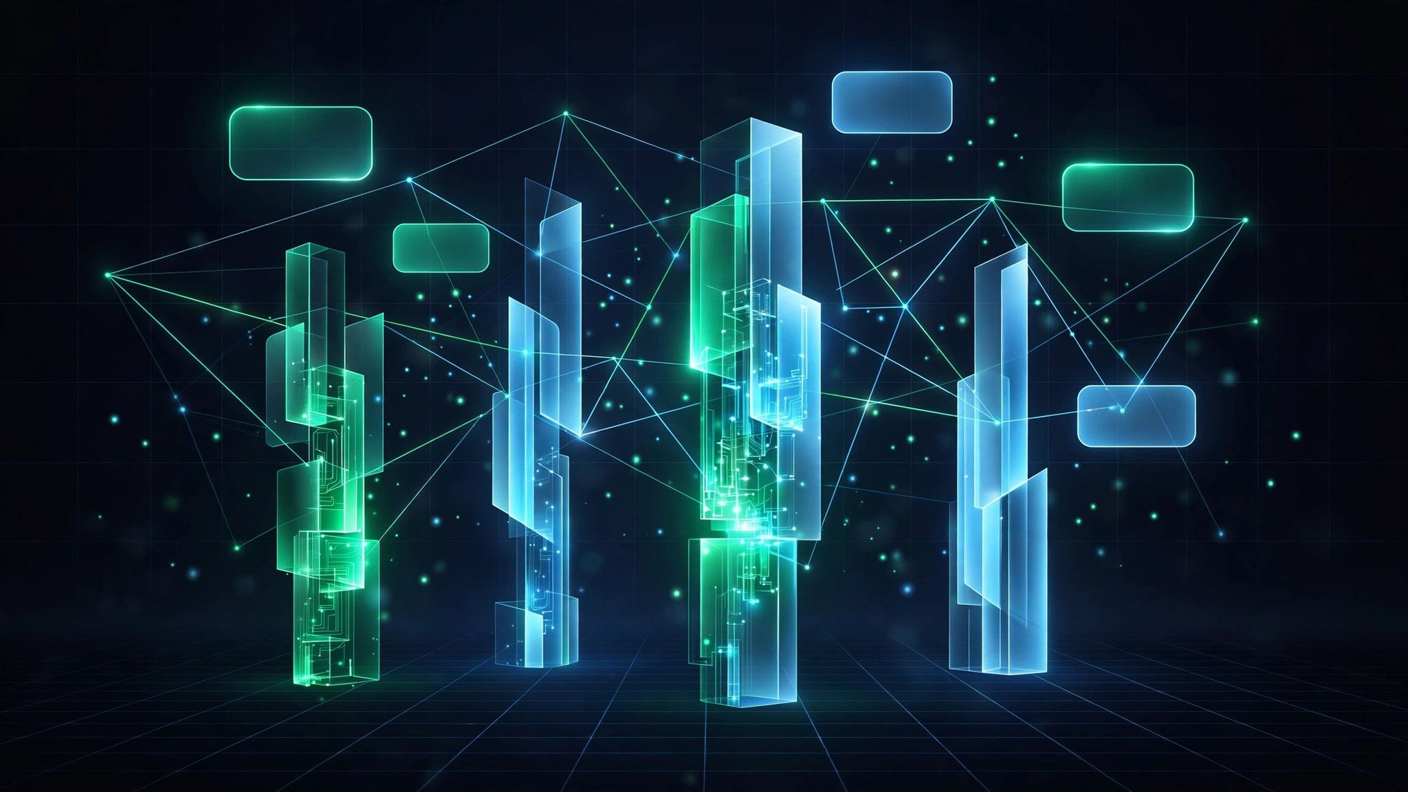 Abstract illustration of glowing social media content pillars rising from a grid, with floating content cards in neon green and blue