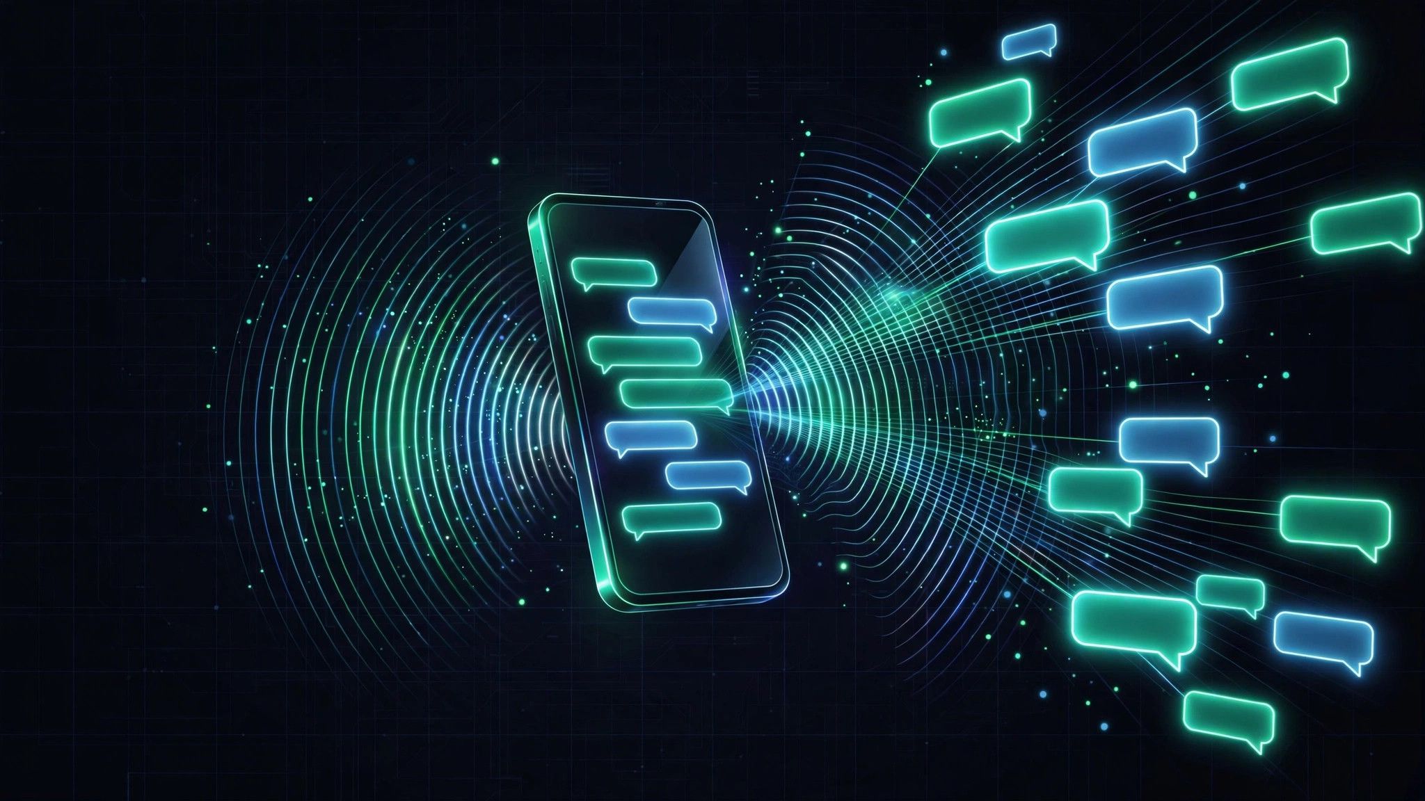 Abstract neon visual of WhatsApp marketing broadcast waves spreading to chat bubbles